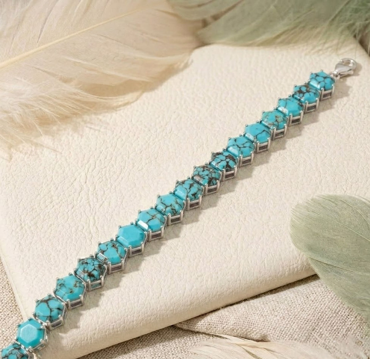 Natural Turquoise Hexagon Cut Tennis Bracelet in 925 Sterling Silver For Women Gift