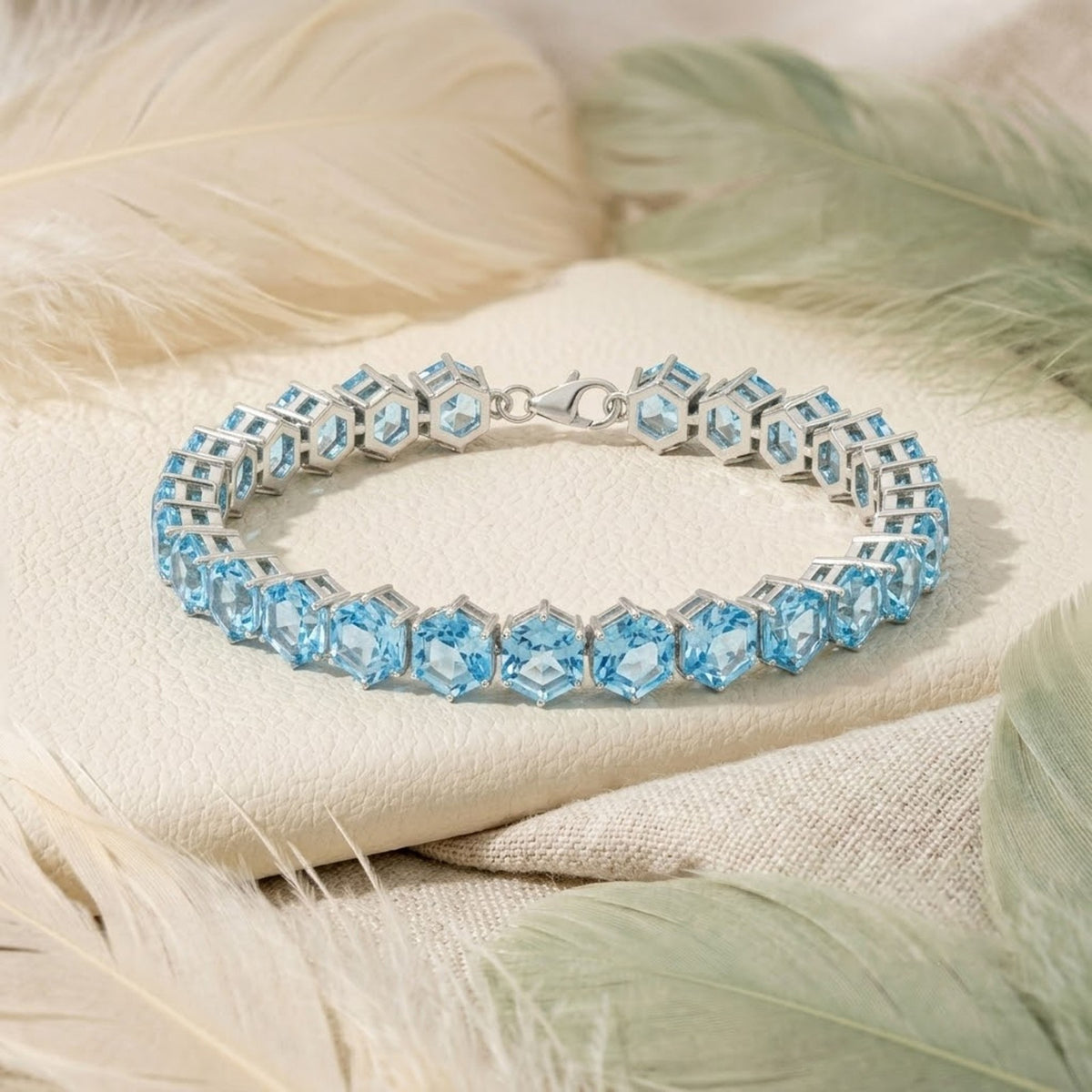 Natural Sky Blue Topaz Hexagon Cut Tennis Bracelet in 925 Sterling Silver.