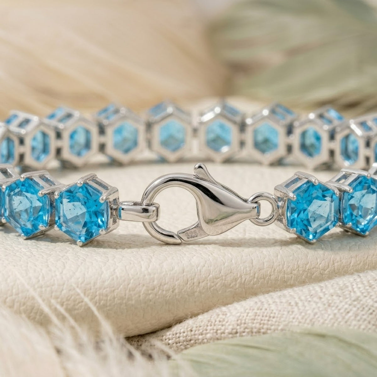 Natural Sky Blue Topaz Hexagon Cut Tennis Bracelet in 925 Sterling Silver.