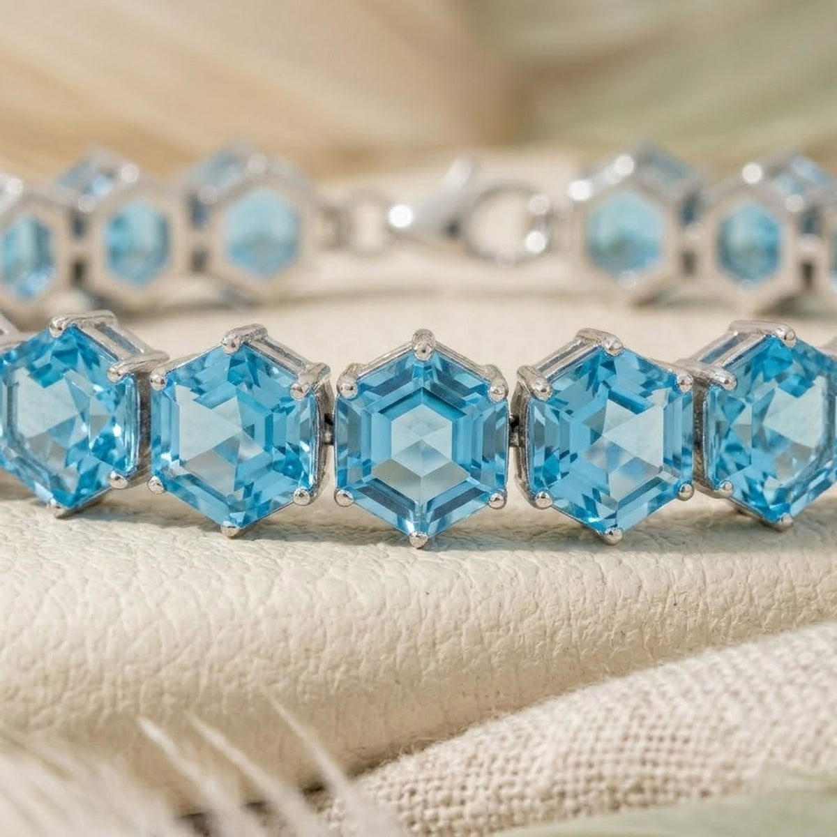 Natural Sky Blue Topaz Hexagon Cut Tennis Bracelet in 925 Sterling Silver.