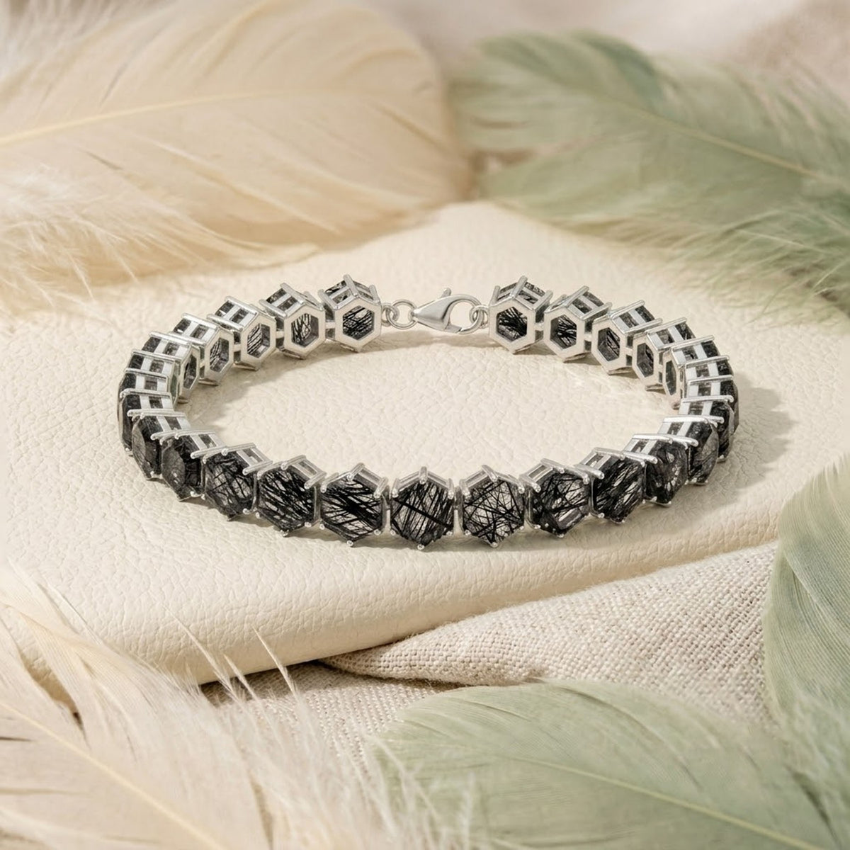 Natural Black Rutilated Quartz Hexagon Cut Tennis Bracelet in 925 Sterling Silver.