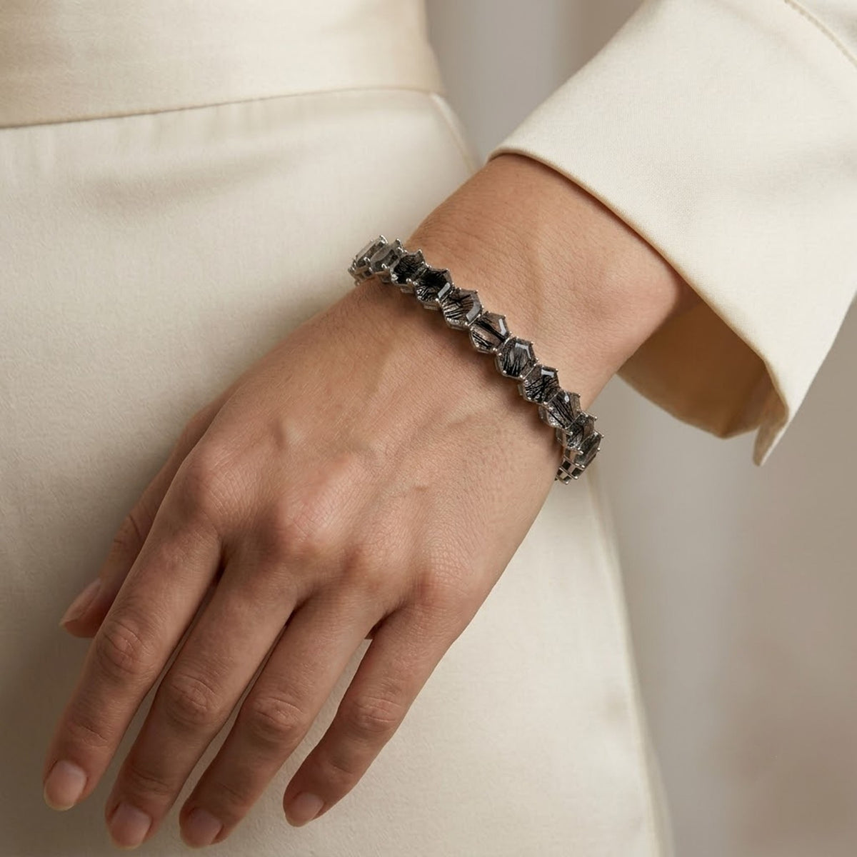 Natural Black Rutilated Quartz Hexagon Cut Tennis Bracelet in 925 Sterling Silver.