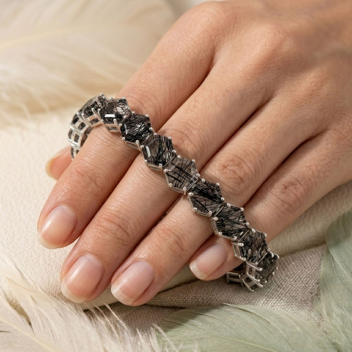Natural Black Rutilated Quartz Hexagon Cut Tennis Bracelet in 925 Sterling Silver.