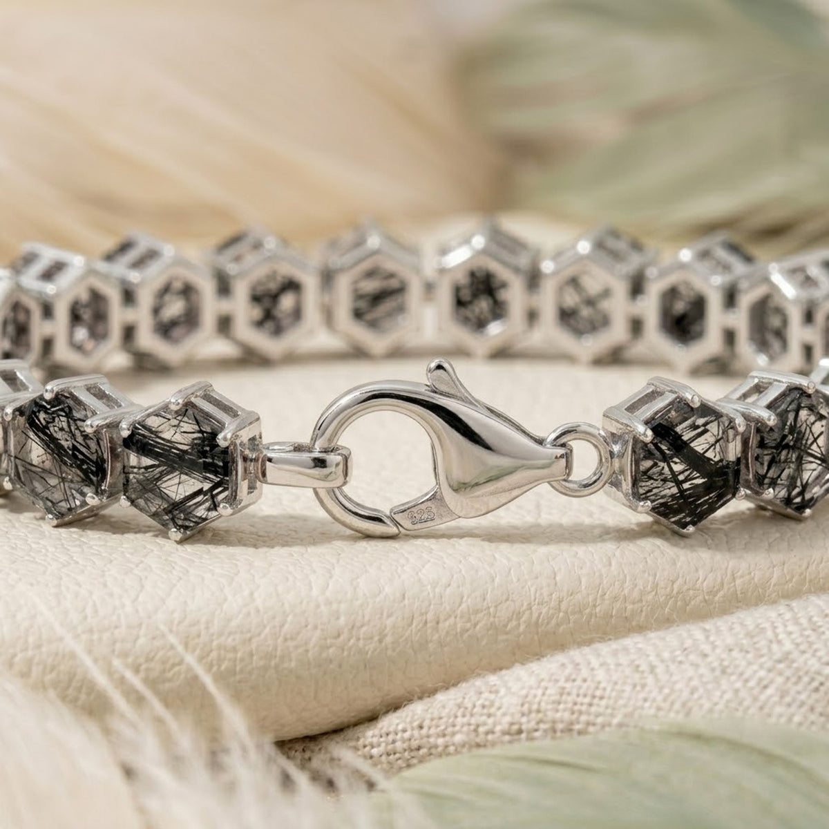 Natural Black Rutilated Quartz Hexagon Cut Tennis Bracelet in 925 Sterling Silver.