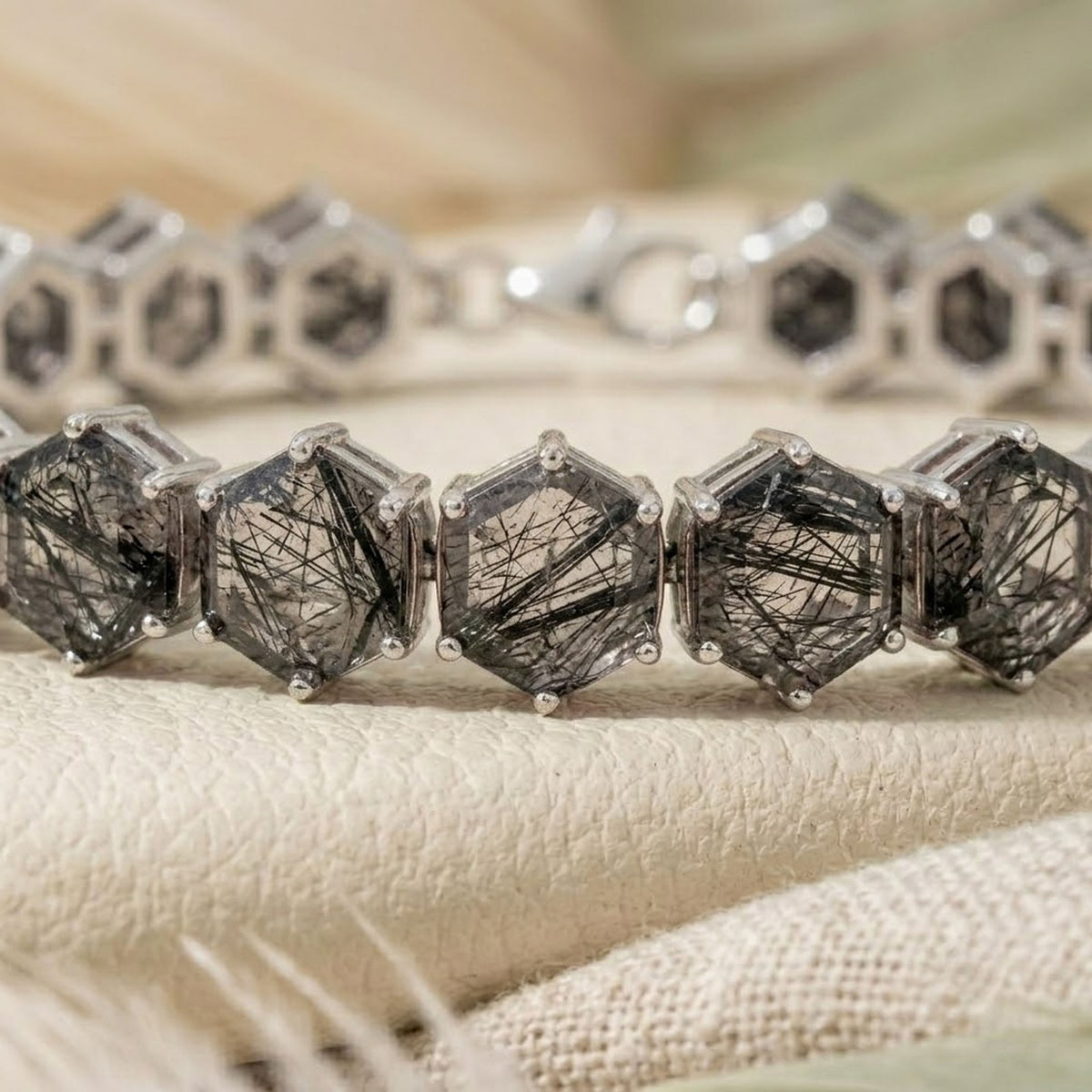 Natural Black Rutilated Quartz Hexagon Cut Tennis Bracelet in 925 Sterling Silver.