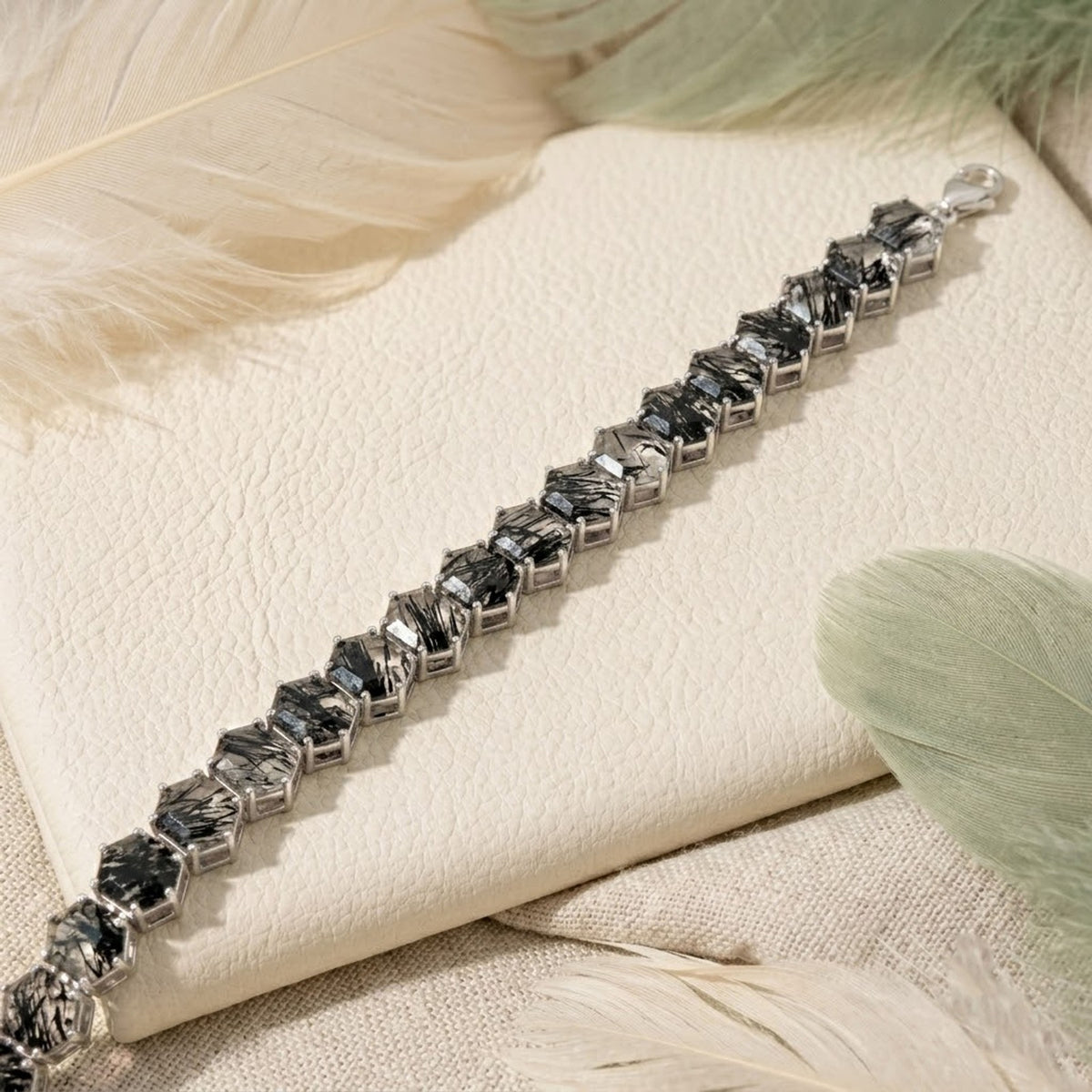 Natural Black Rutilated Quartz Hexagon Cut Tennis Bracelet in 925 Sterling Silver.