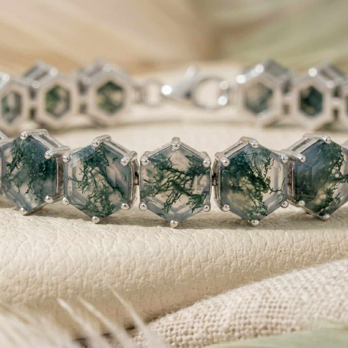 Natural Moss Agate Hexagon Cut Tennis Bracelet in 925 Sterling Silver For Women Gift
