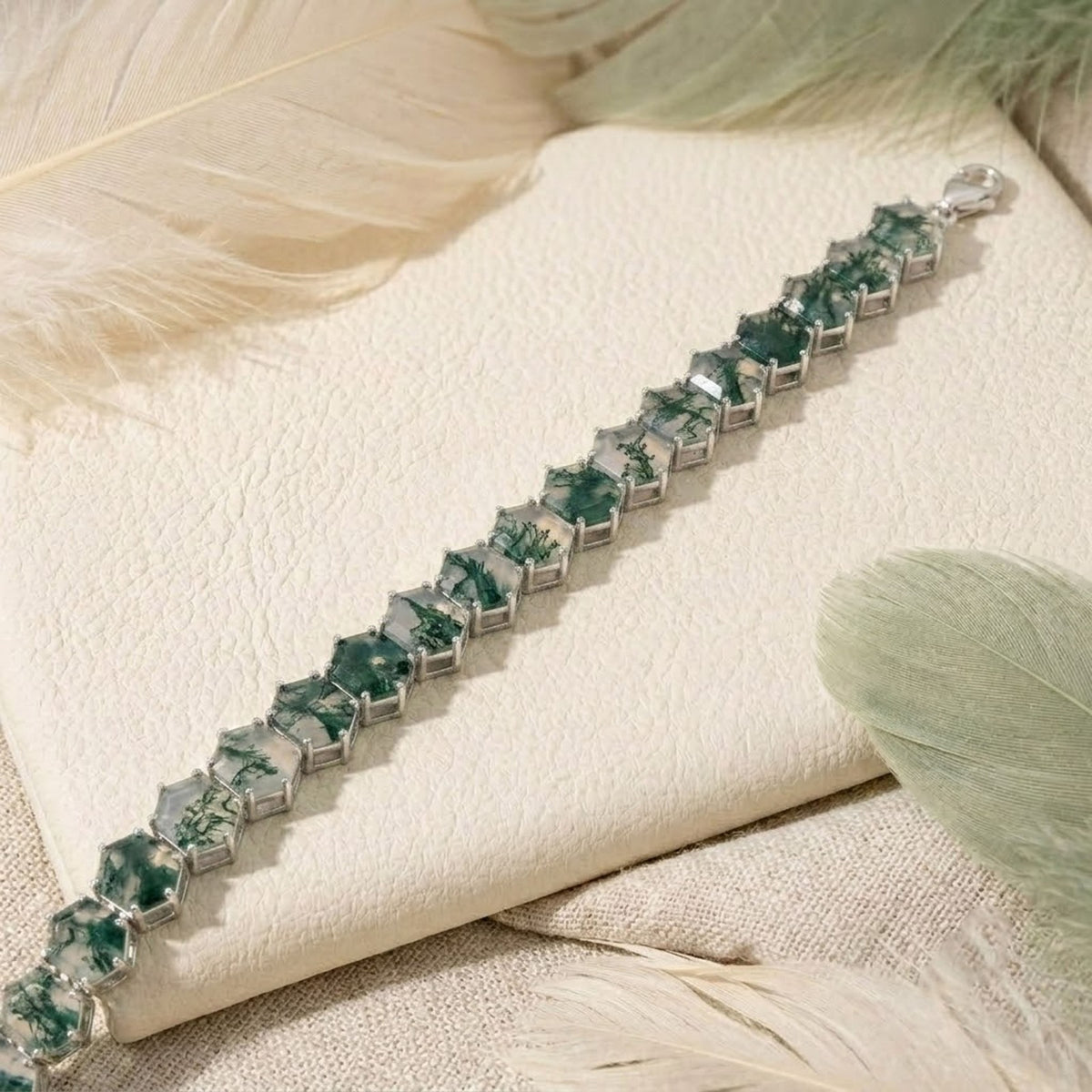 Natural Moss Agate Hexagon Cut Tennis Bracelet in 925 Sterling Silver For Women Gift