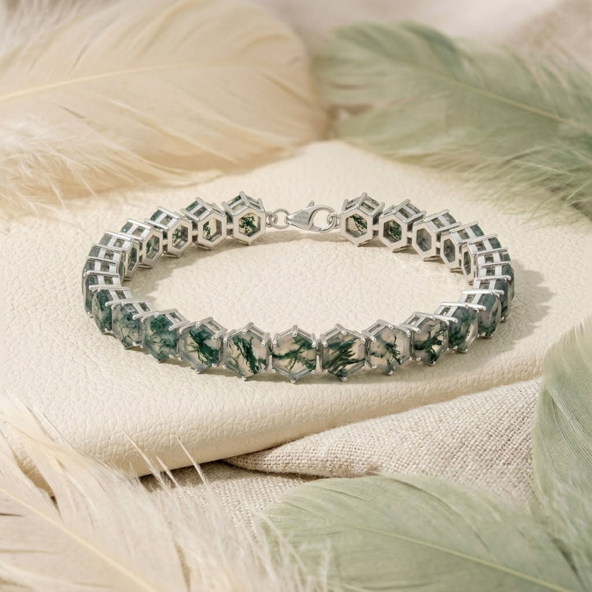 Natural Moss Agate Hexagon Cut Tennis Bracelet in 925 Sterling Silver For Women Gift