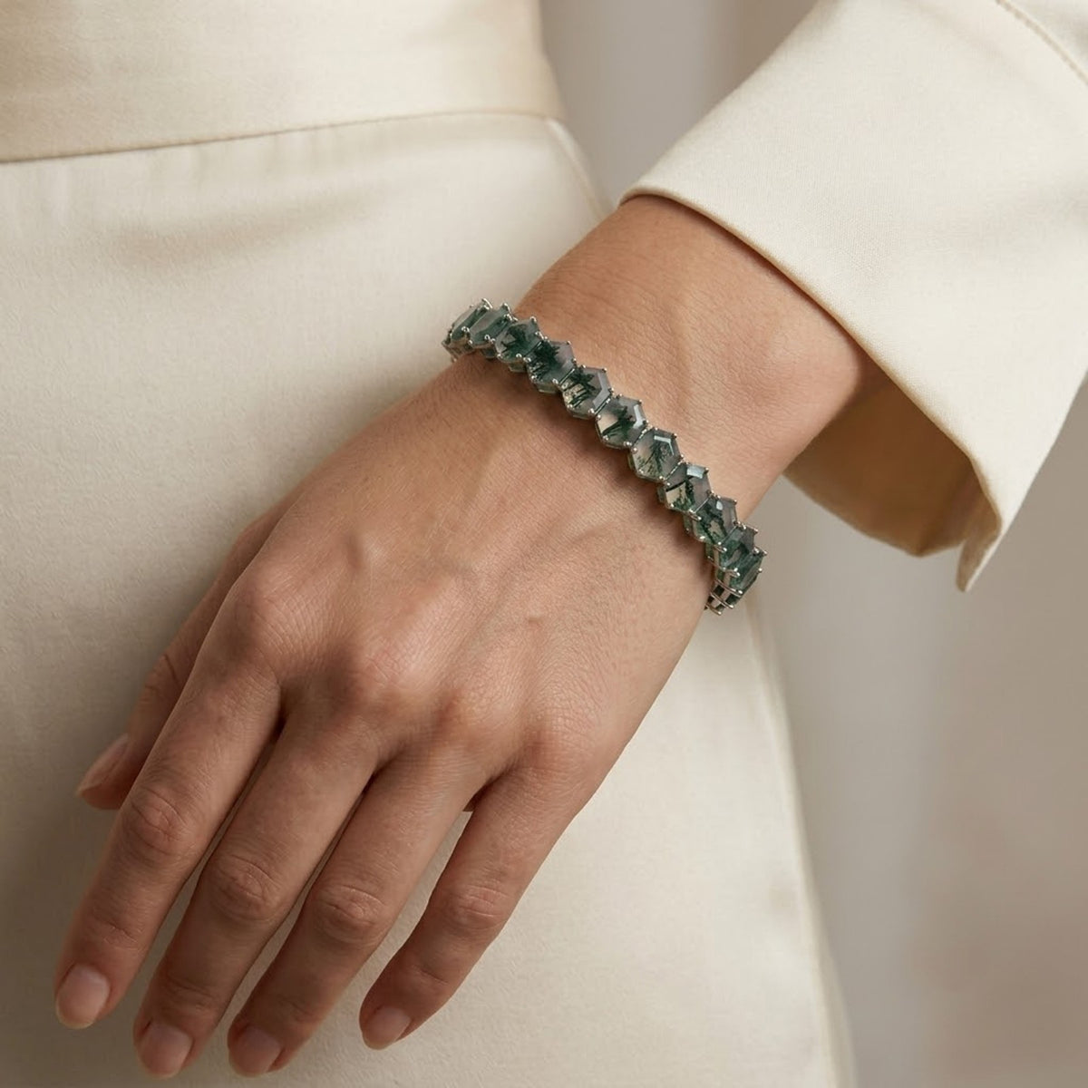 Natural Moss Agate Hexagon Cut Tennis Bracelet in 925 Sterling Silver For Women Gift