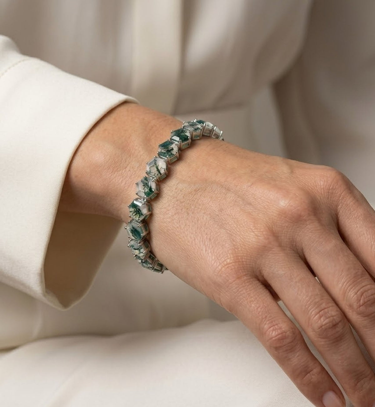 Natural Moss Agate Hexagon Cut Tennis Bracelet in 925 Sterling Silver For Women Gift