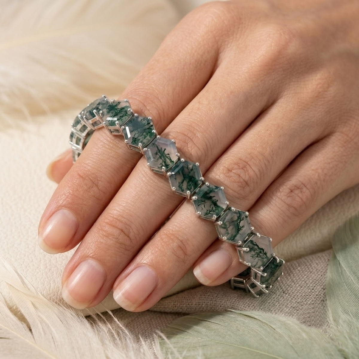 Natural Moss Agate Hexagon Cut Tennis Bracelet in 925 Sterling Silver For Women Gift