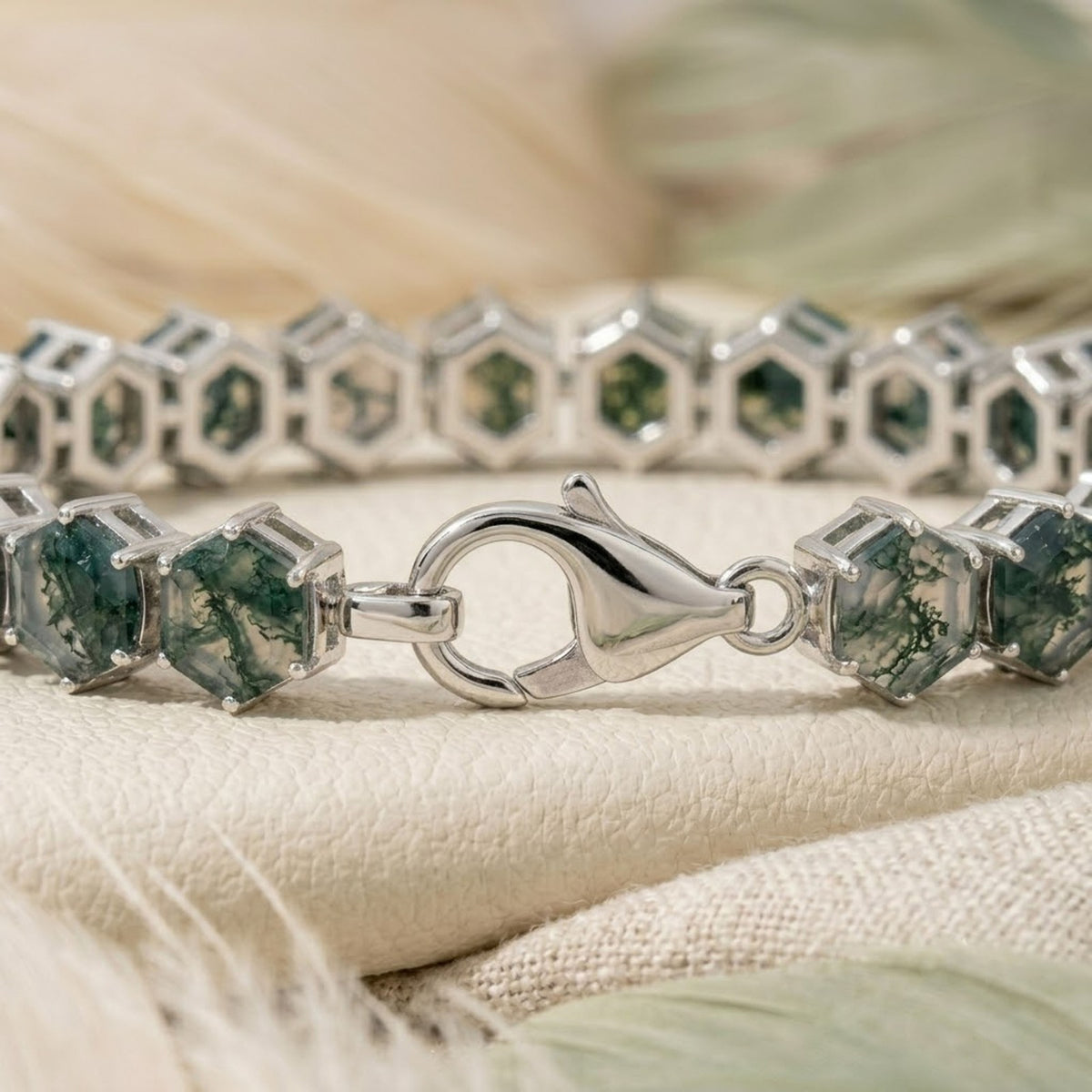Natural Moss Agate Hexagon Cut Tennis Bracelet in 925 Sterling Silver For Women Gift