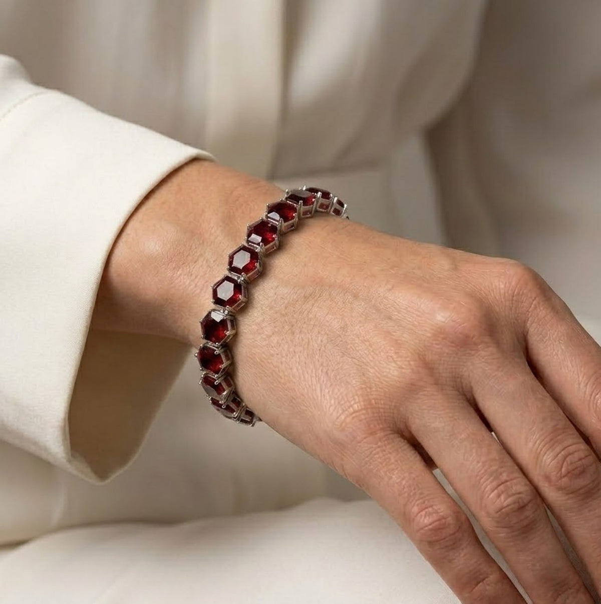 Natural Garnet Hexagon Cut Tennis Bracelet in 925 Sterling Silver For Women Gift