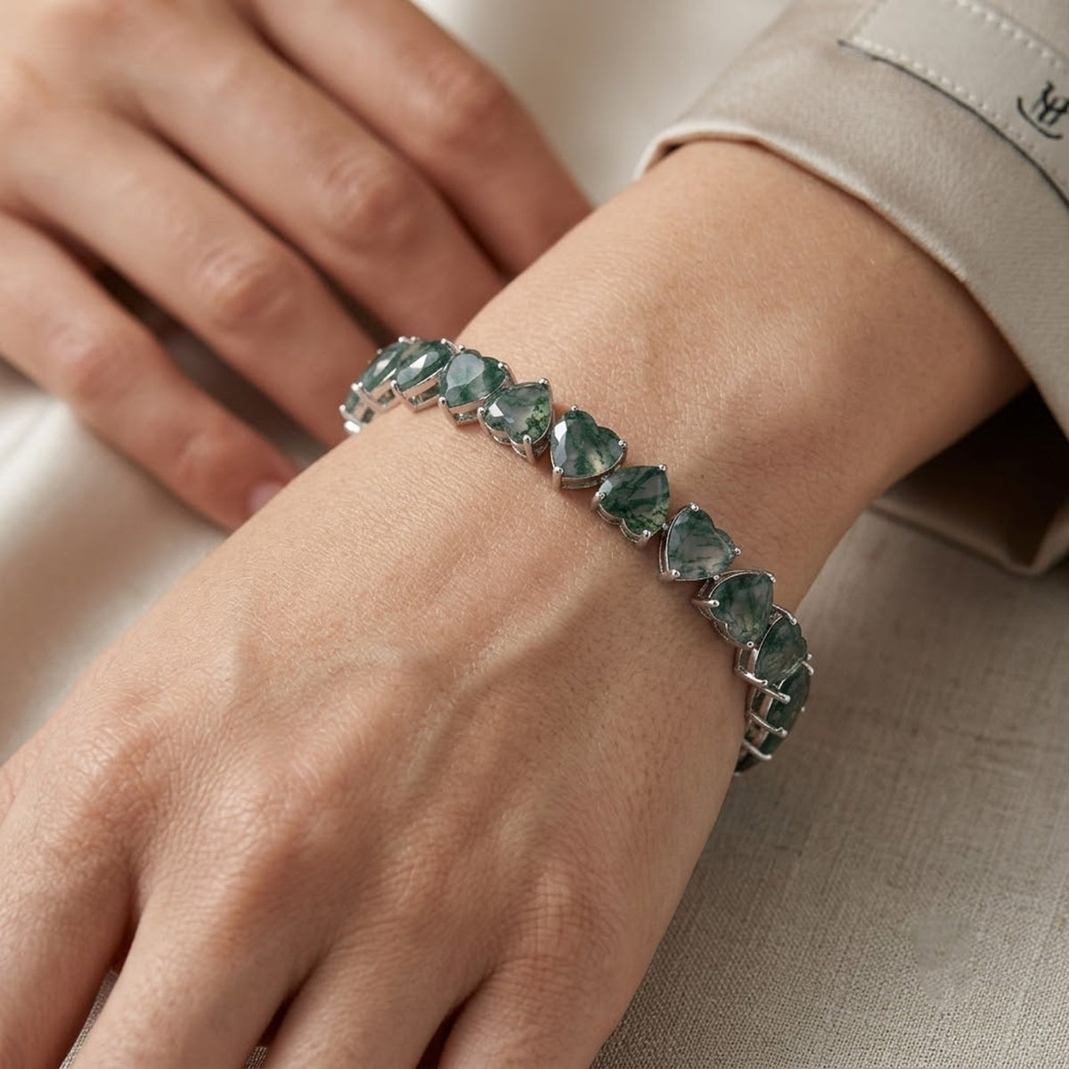 Natural Moss Agate Heart Cut Tennis Bracelet in 925 Sterling Silver For Women Gift