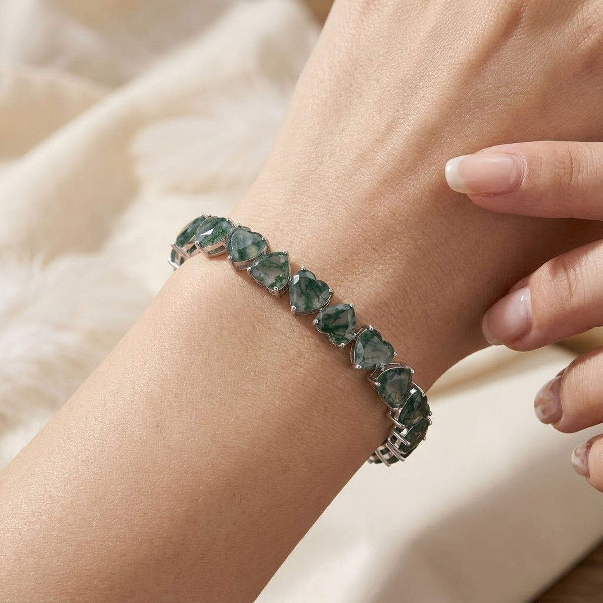Natural Moss Agate Heart Cut Tennis Bracelet in 925 Sterling Silver For Women Gift