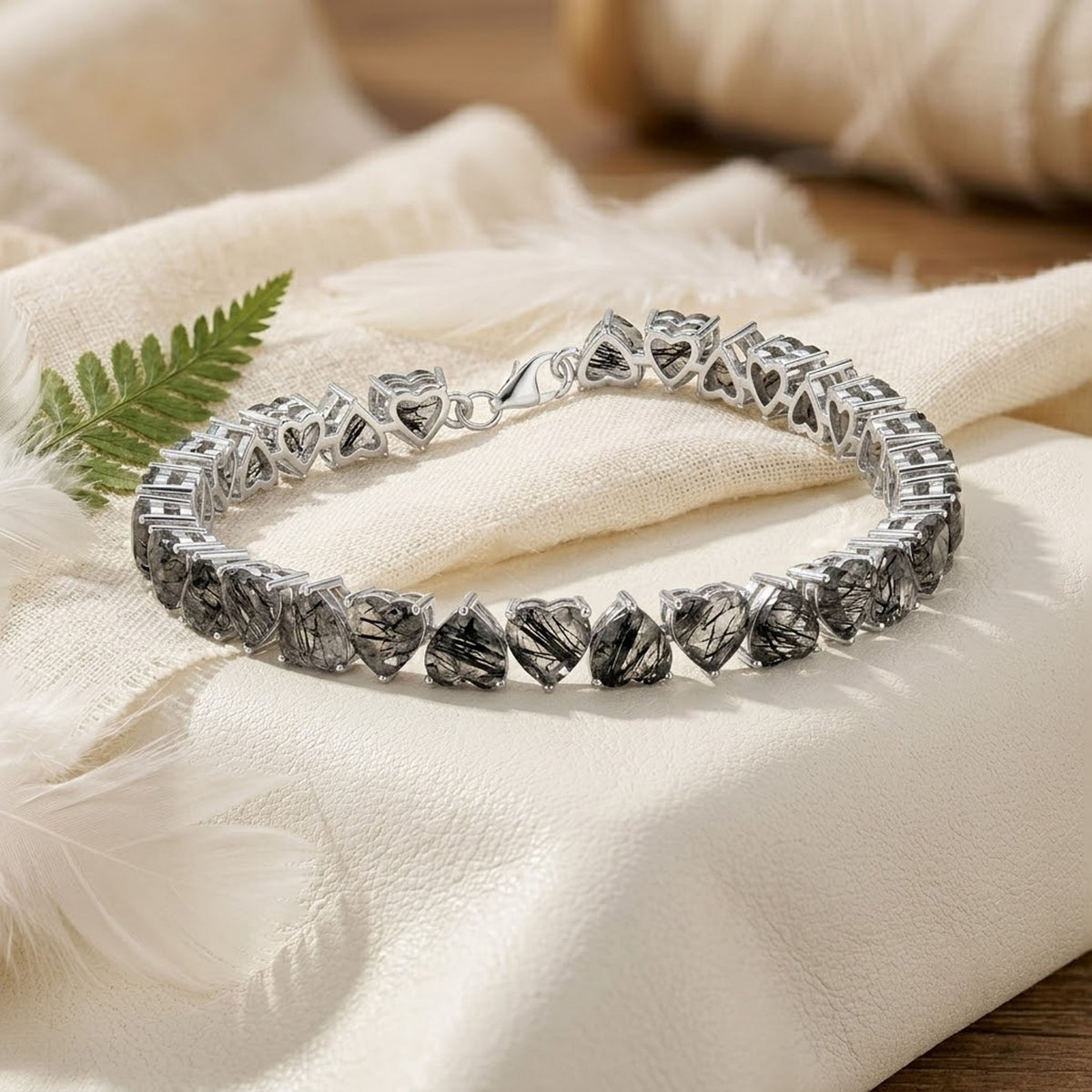 Natural Black Rutilated Quartz Heart Cut Tennis Bracelet in 925 Sterling Silver For Women Gift