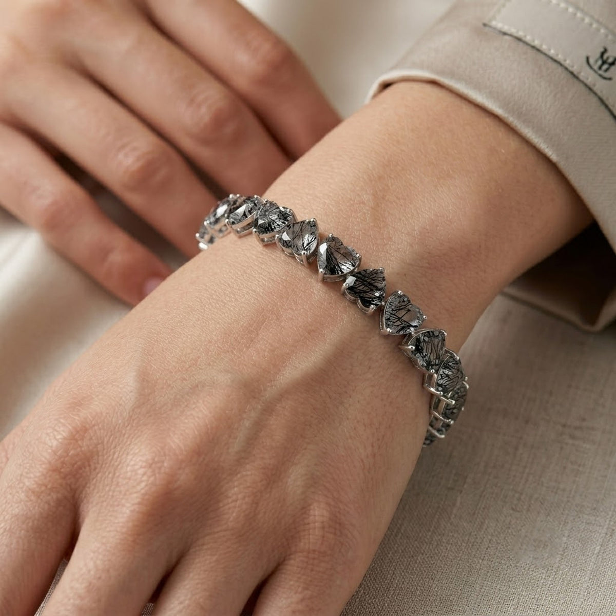 Natural Black Rutilated Quartz Heart Cut Tennis Bracelet in 925 Sterling Silver For Women Gift