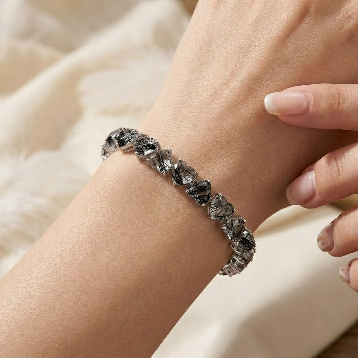 Natural Black Rutilated Quartz Heart Cut Tennis Bracelet in 925 Sterling Silver For Women Gift