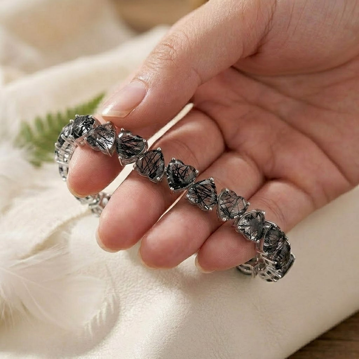 Natural Black Rutilated Quartz Heart Cut Tennis Bracelet in 925 Sterling Silver For Women Gift