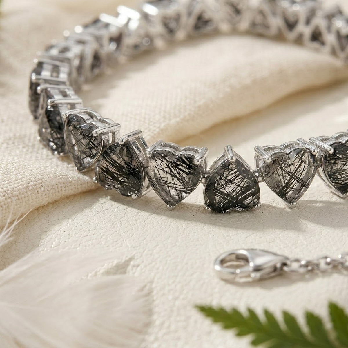 Natural Black Rutilated Quartz Heart Cut Tennis Bracelet in 925 Sterling Silver For Women Gift
