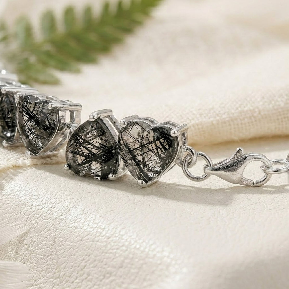 Natural Black Rutilated Quartz Heart Cut Tennis Bracelet in 925 Sterling Silver For Women Gift
