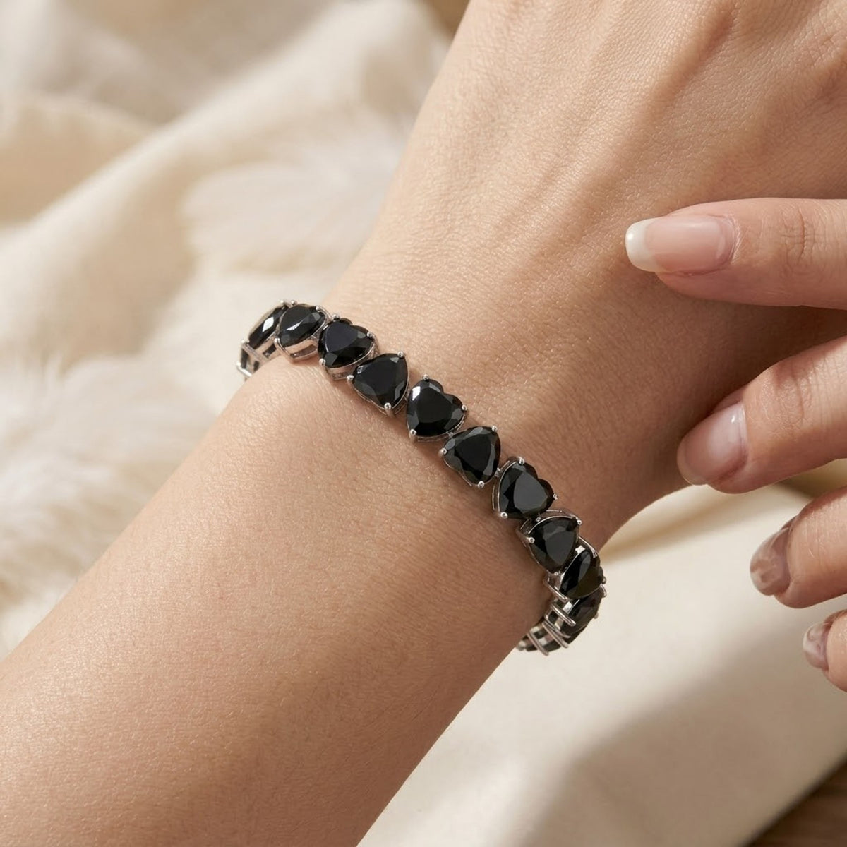Natural Black Spinel Heart Cut Tennis Bracelet in 925 Sterling Silver For Women Gift