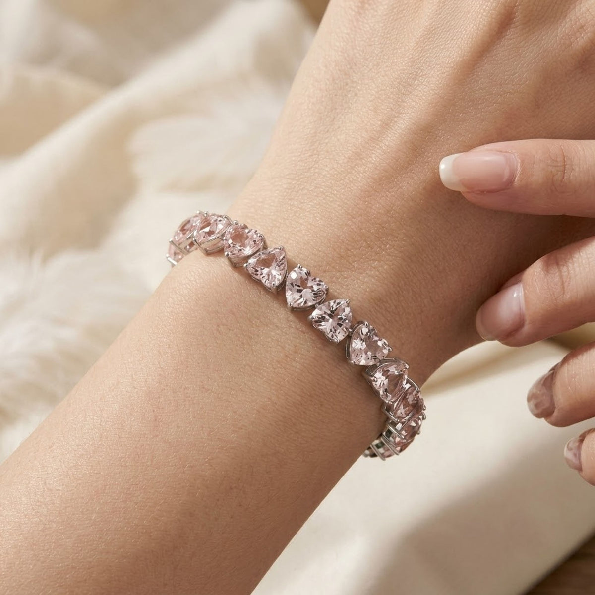Lab-Grown Morganite Heart Cut Tennis Bracelet in 925 Sterling Silver Women
