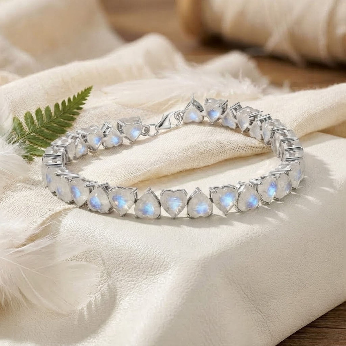 Natural Moonstone Heart Cut Tennis Bracelet in 925 Sterling Silver Women