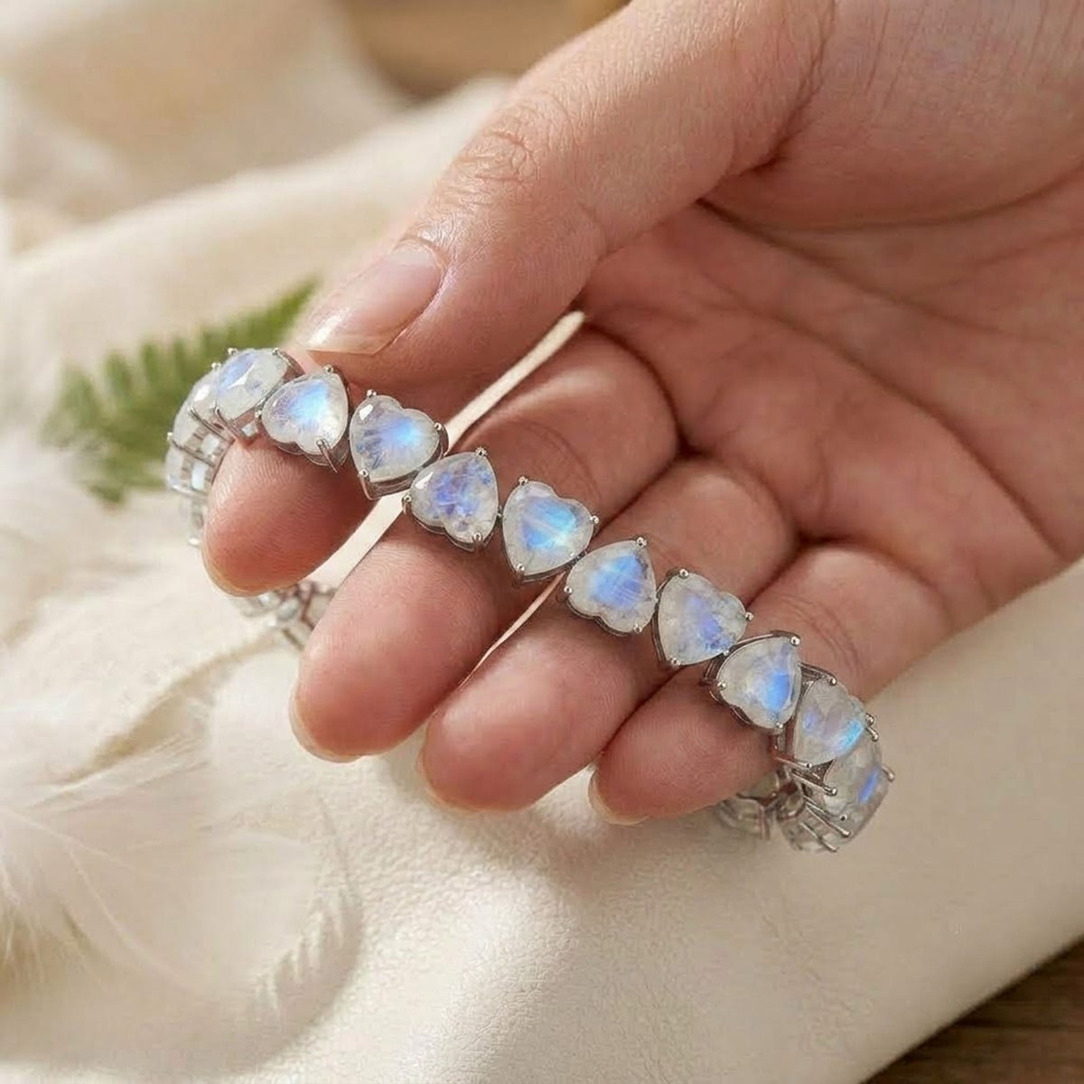 Natural Moonstone Heart Cut Tennis Bracelet in 925 Sterling Silver Women