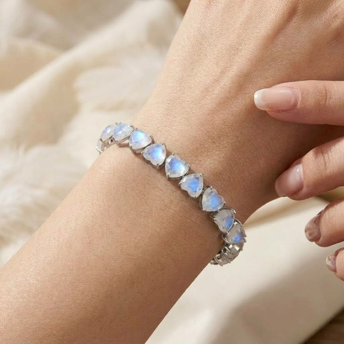Natural Moonstone Heart Cut Tennis Bracelet in 925 Sterling Silver Women
