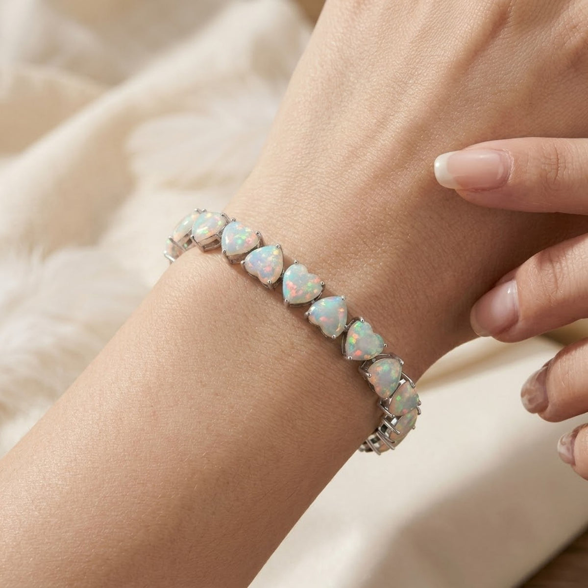 Natural Opal Heart Cut Tennis Bracelet in 925 Sterling Silver Women