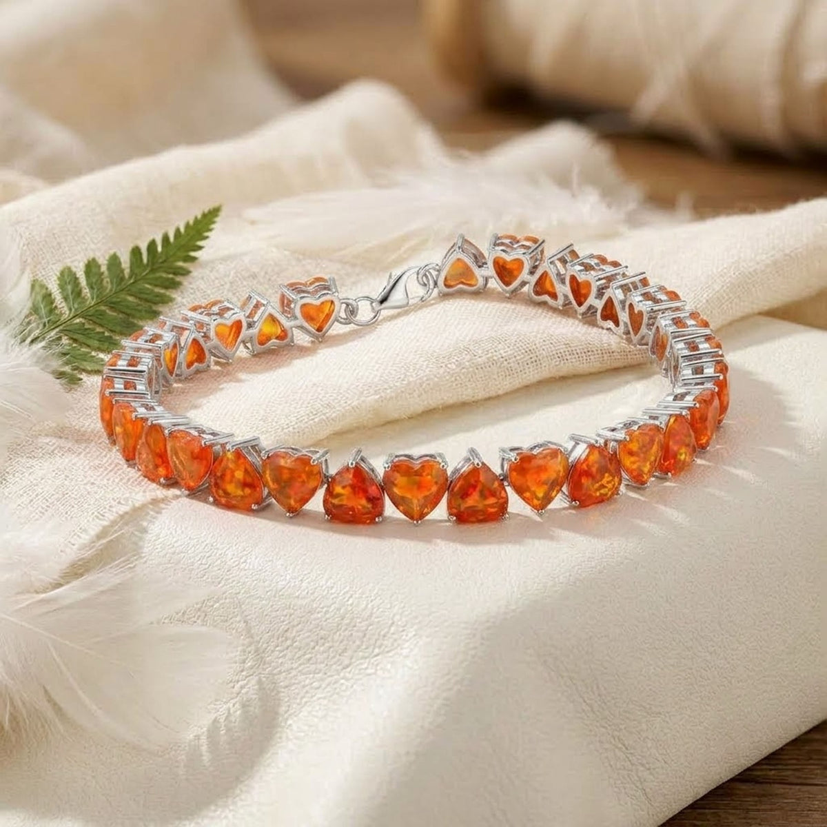 Natural Fire Opal Heart Cut Tennis Bracelet in 925 Sterling Silver in Women