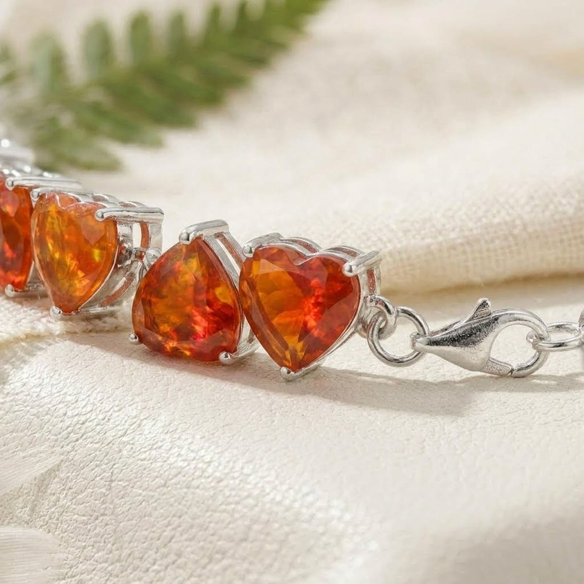 Natural Fire Opal Heart Cut Tennis Bracelet in 925 Sterling Silver in Women