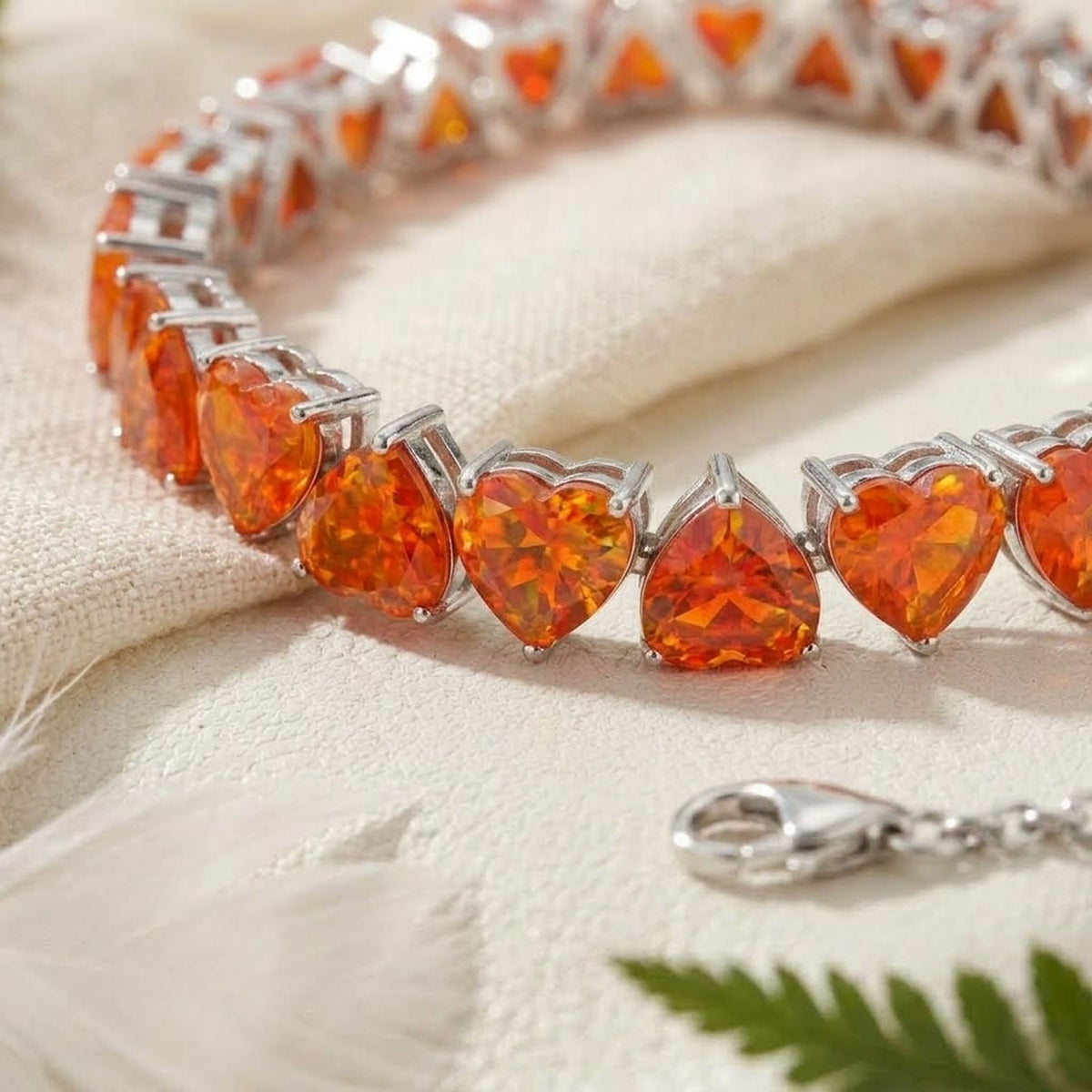 Natural Fire Opal Heart Cut Tennis Bracelet in 925 Sterling Silver in Women