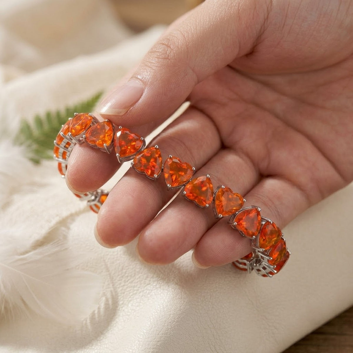 Natural Fire Opal Heart Cut Tennis Bracelet in 925 Sterling Silver in Women