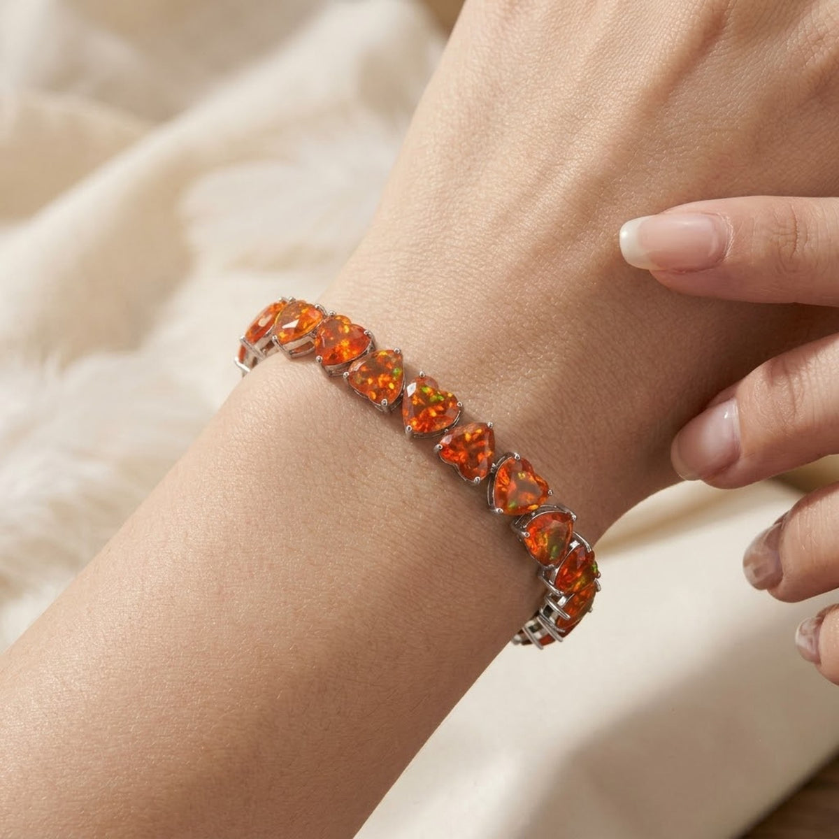 Natural Fire Opal Heart Cut Tennis Bracelet in 925 Sterling Silver in Women
