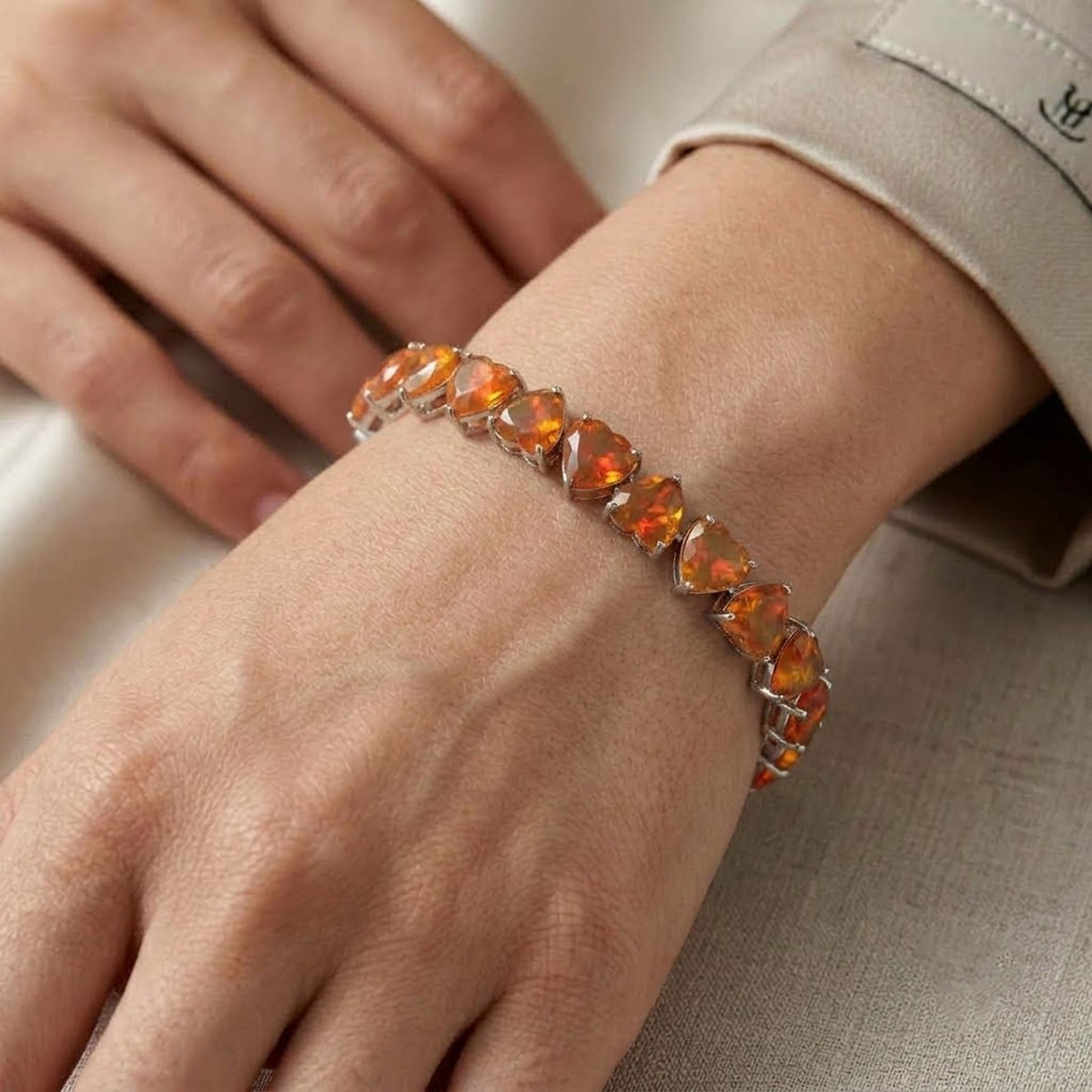 Natural Fire Opal Heart Cut Tennis Bracelet in 925 Sterling Silver in Women