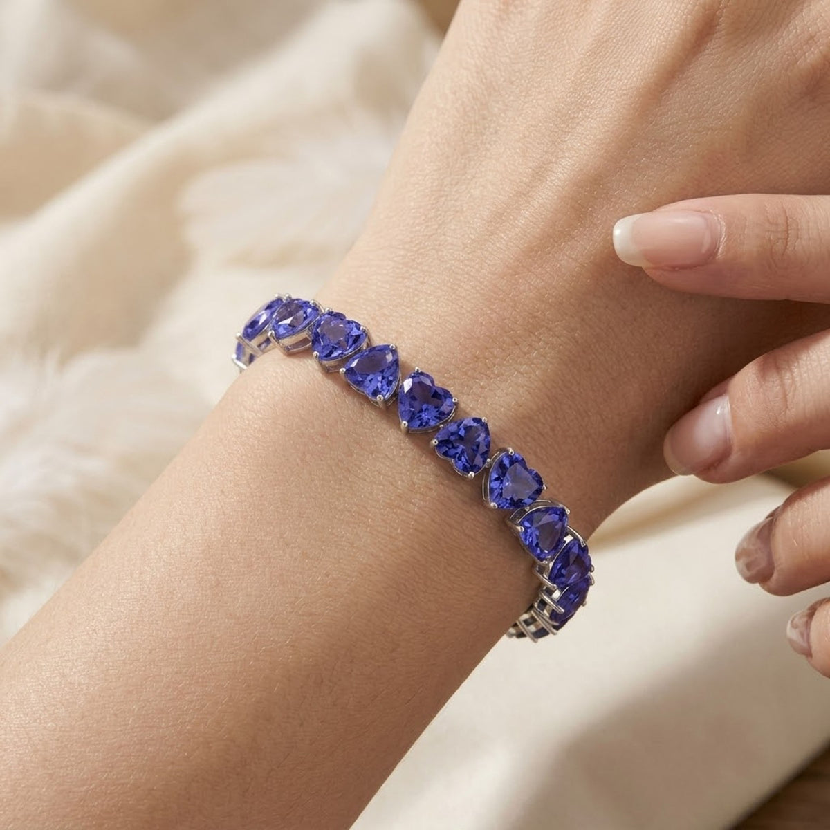 Lab-Grown Tanzanite Heart Cut Tennis Bracelet in 925 Sterling Silver For Women