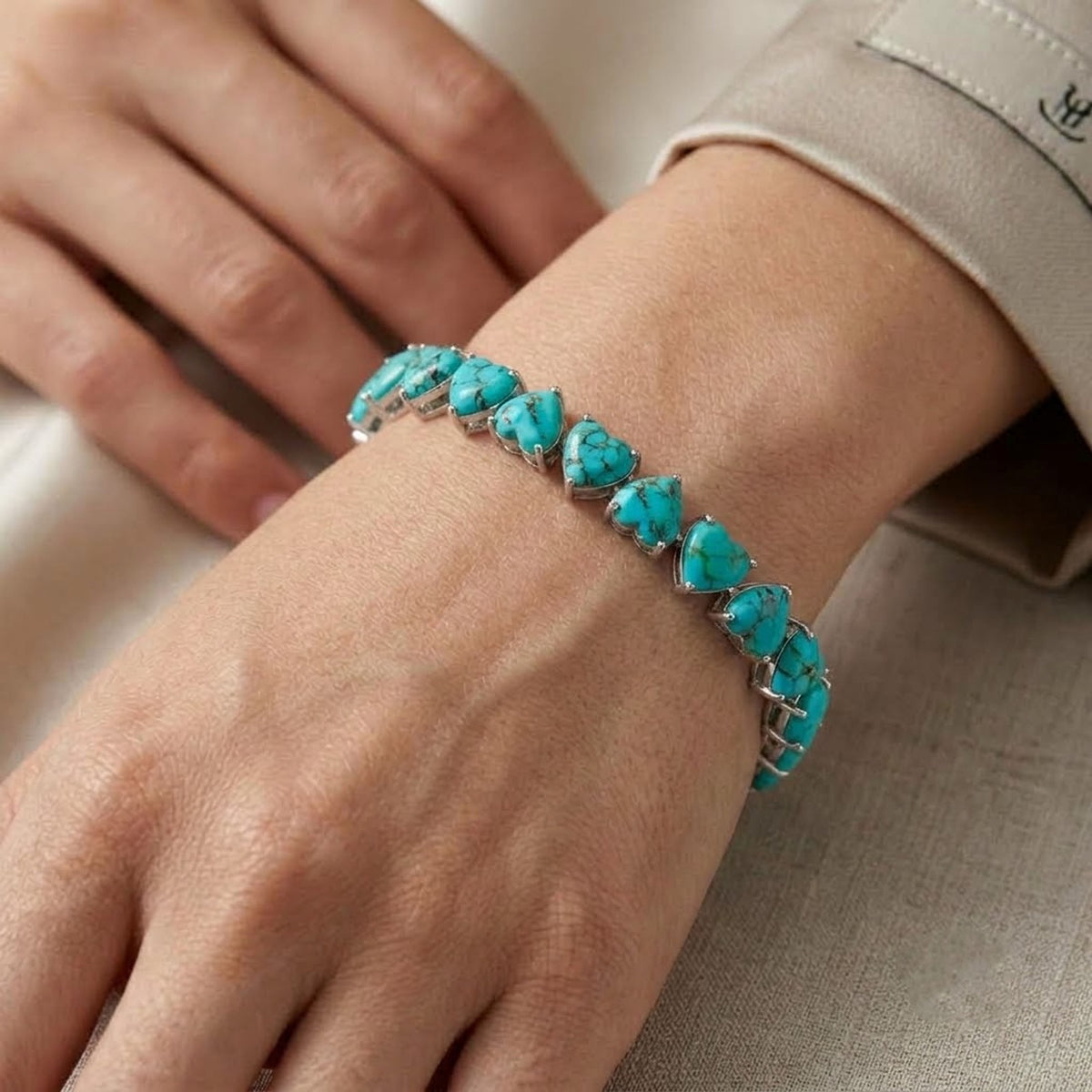 Natural Turquoise Heart Cut Tennis Bracelet in 925 Sterling Silver For Women