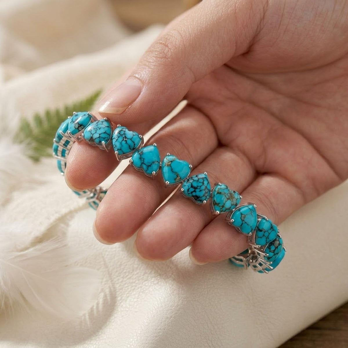 Natural Turquoise Heart Cut Tennis Bracelet in 925 Sterling Silver For Women