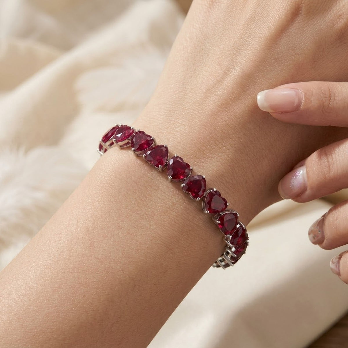 Natural Ruby Heart Cut Tennis Bracelet in 925 Sterling Silver For Women