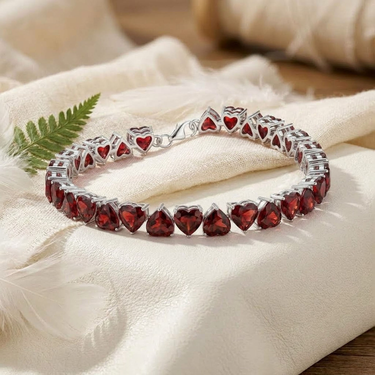 Natural Garnet Heart Cut Tennis Bracelet in 925 Sterling Silver For Women