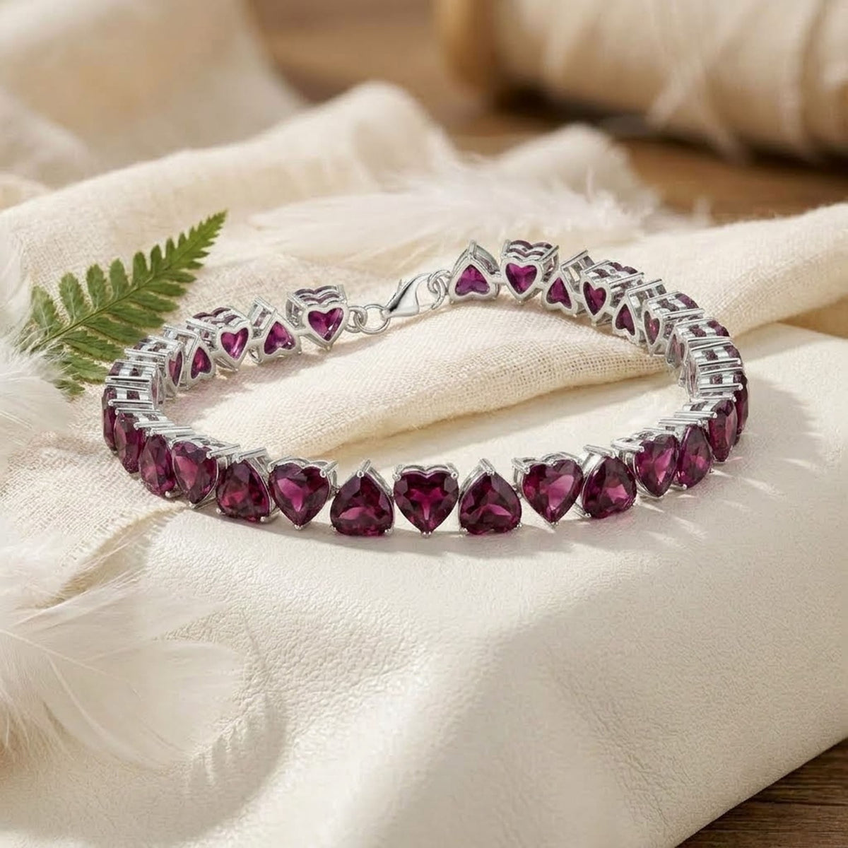 Natural Rhodolite Heart Cut Tennis Bracelet in 925 Sterling Silver For Women