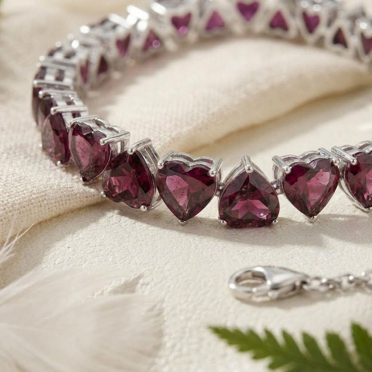 Natural Rhodolite Heart Cut Tennis Bracelet in 925 Sterling Silver For Women