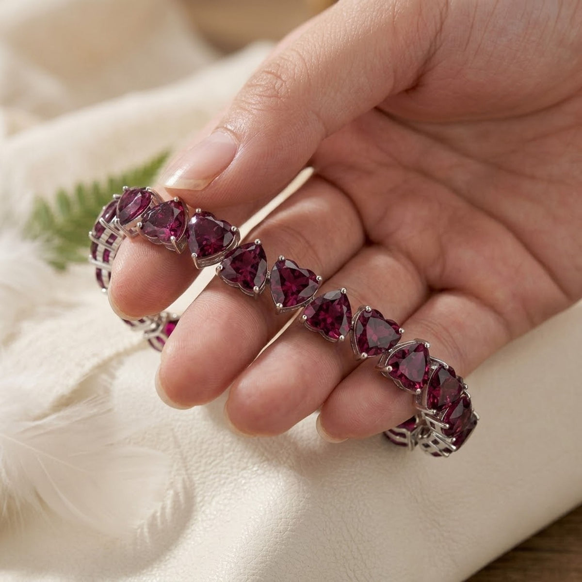 Natural Rhodolite Heart Cut Tennis Bracelet in 925 Sterling Silver For Women