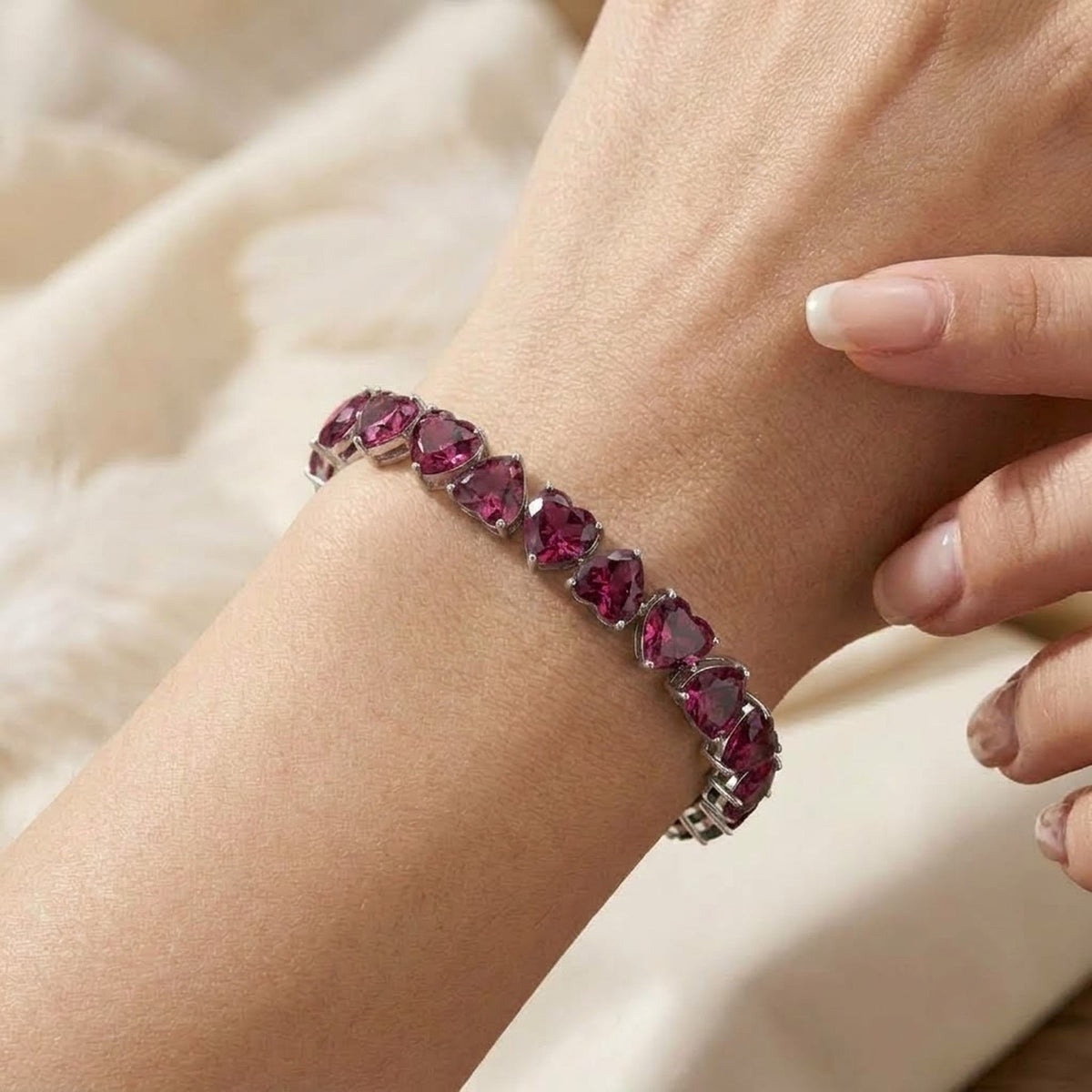 Natural Rhodolite Heart Cut Tennis Bracelet in 925 Sterling Silver For Women