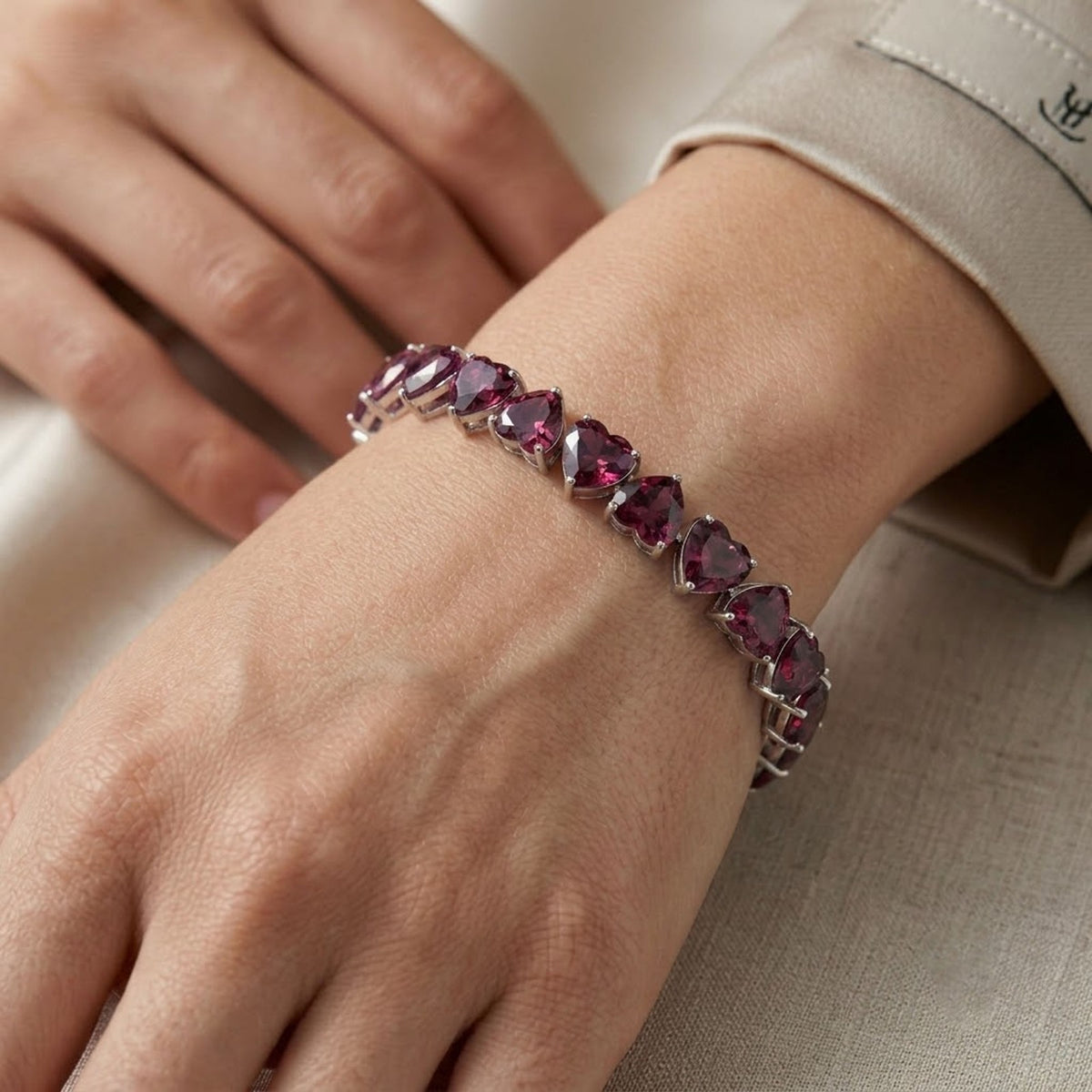 Natural Rhodolite Heart Cut Tennis Bracelet in 925 Sterling Silver For Women