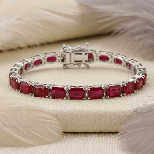 Natural Ruby Baguette Cut Tennis Bracelet in 925 Sterling Silver Women Gift.