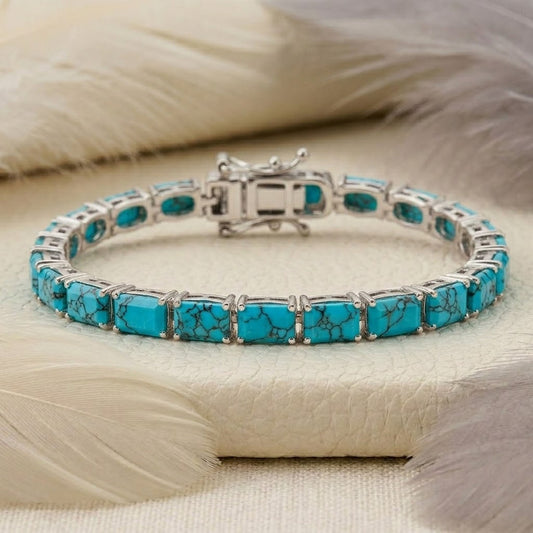 Natural Turquoise Baguette Cut Tennis Bracelet in 925 Sterling Silver For Women